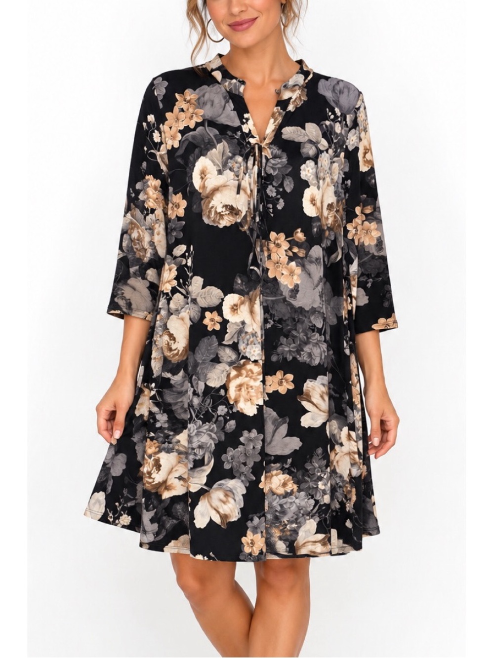 Honeyme black floral print 3/4 sleeve dress, size Medium